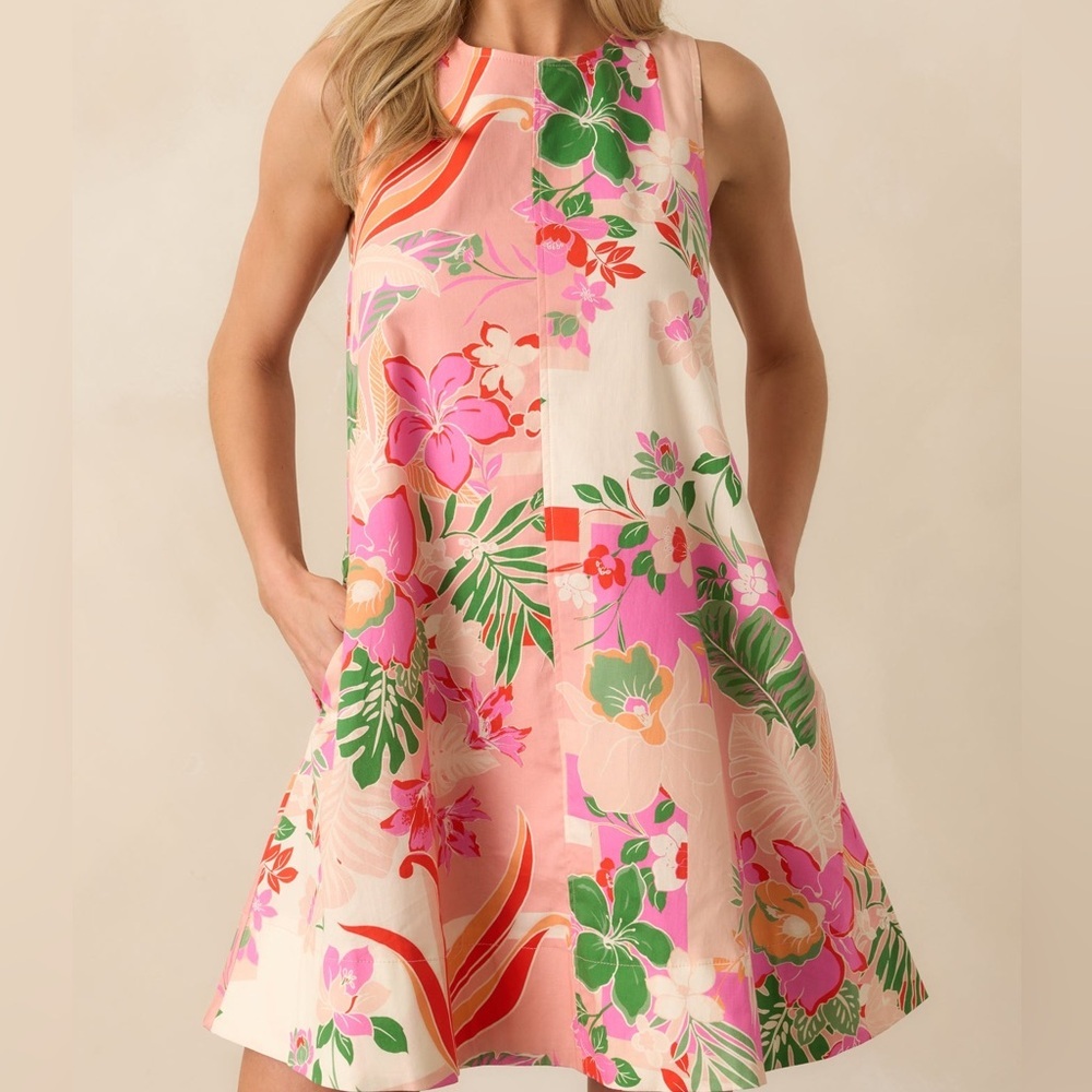 Entro Tropical Floral Boho Tie-Back Trapeze Mini Dress Vacation Wear Size Medium